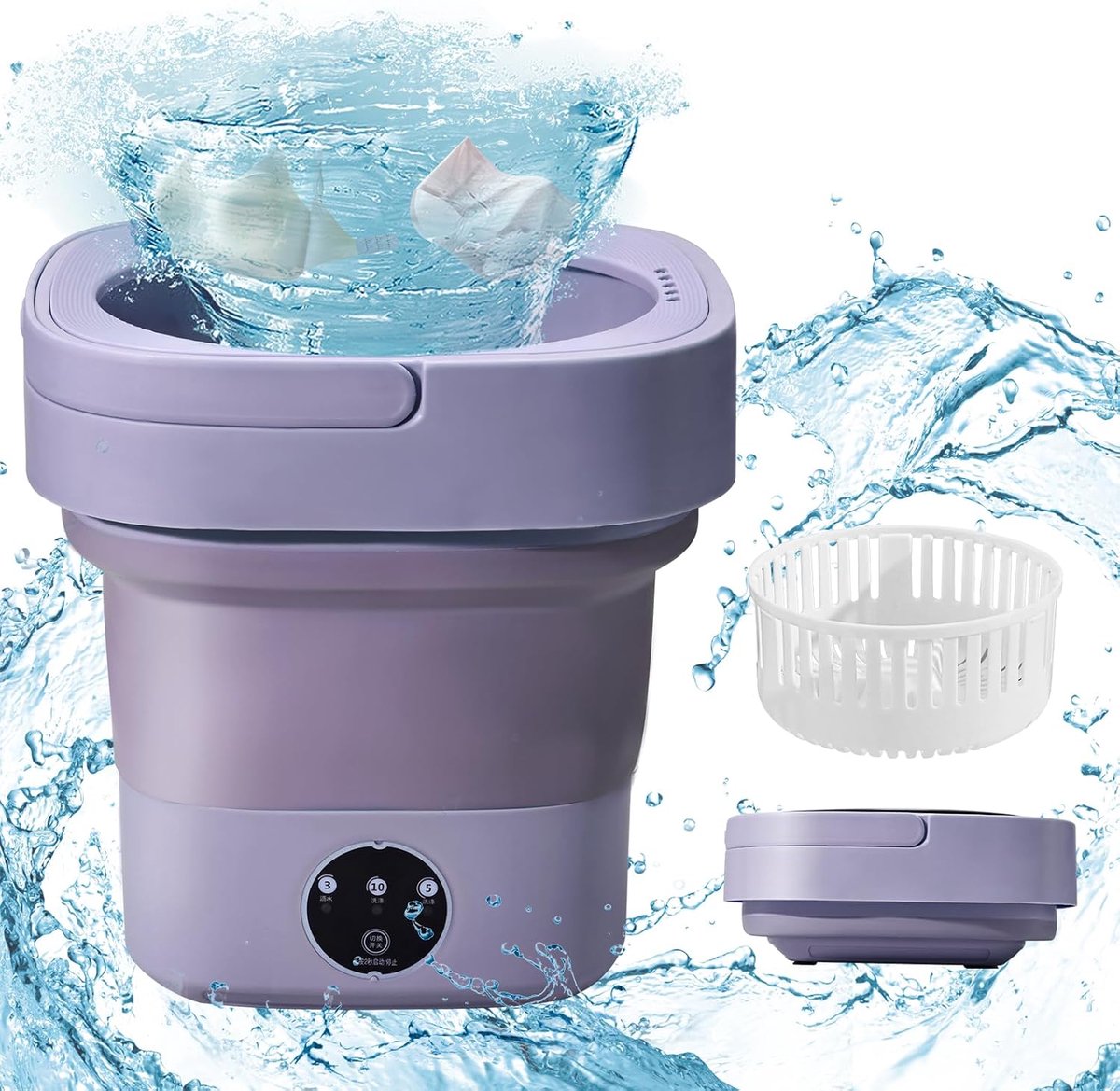 1 Miniwasmachine - 8 liter - 27×27×30 cm - Opvouwbaar - Draagbaar - Met afvoerslang en afvoermand - Was- en afvoerfunctie - Elektrisch - Geschikt voor kleine woningen, kamperen en reizen - Paars