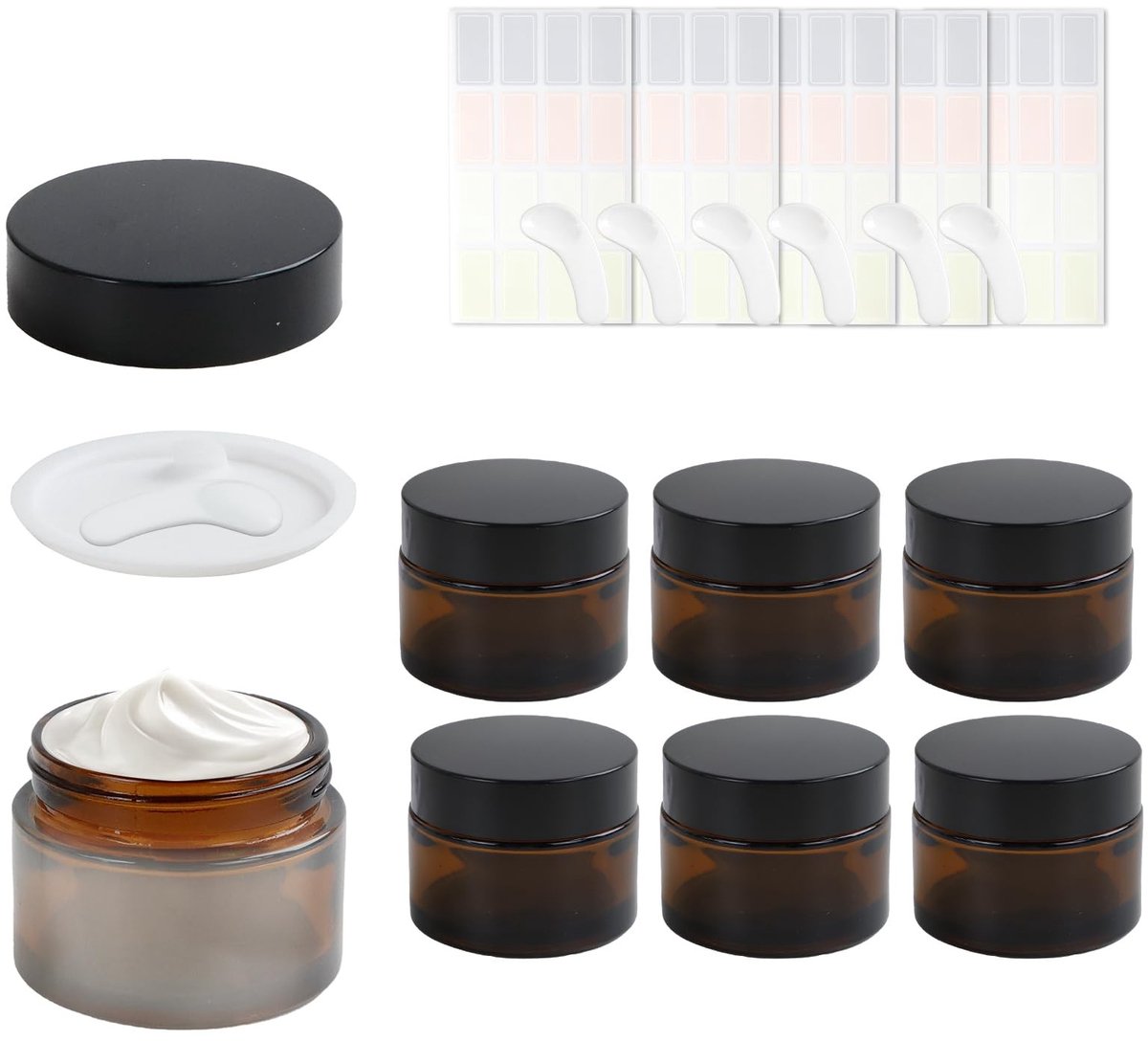Set van 6 Bruine Glazen Crème Potjes 60 ml met Lepel en Stickers