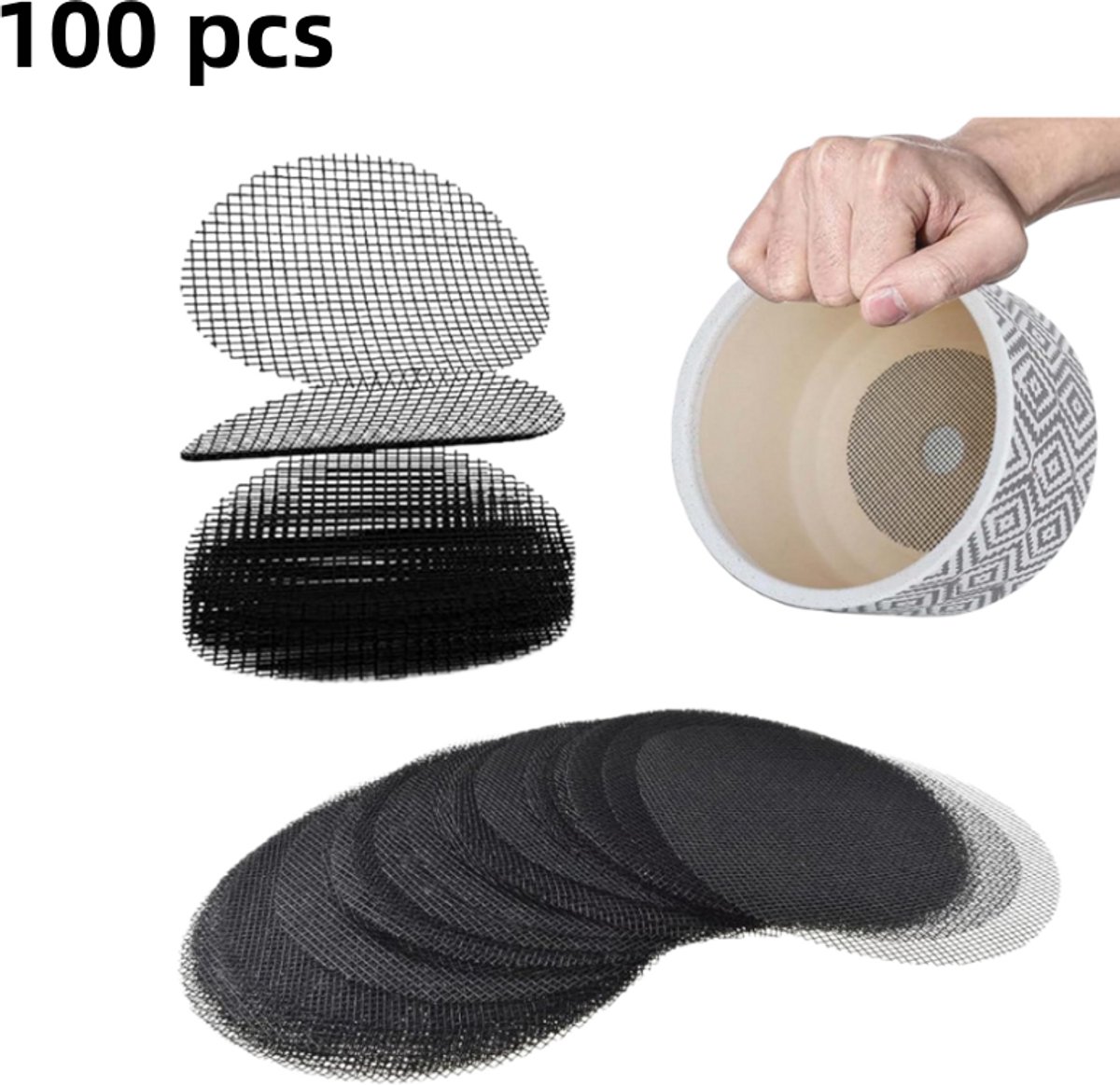 100 stuks drainagematjes voor bloempotten - gaas - insectenwerend voor potplanten - geschikt voor bloemen en bonsai - voorkomt lekkage van aarde - rond gaasmatje - 10 x 10 cm