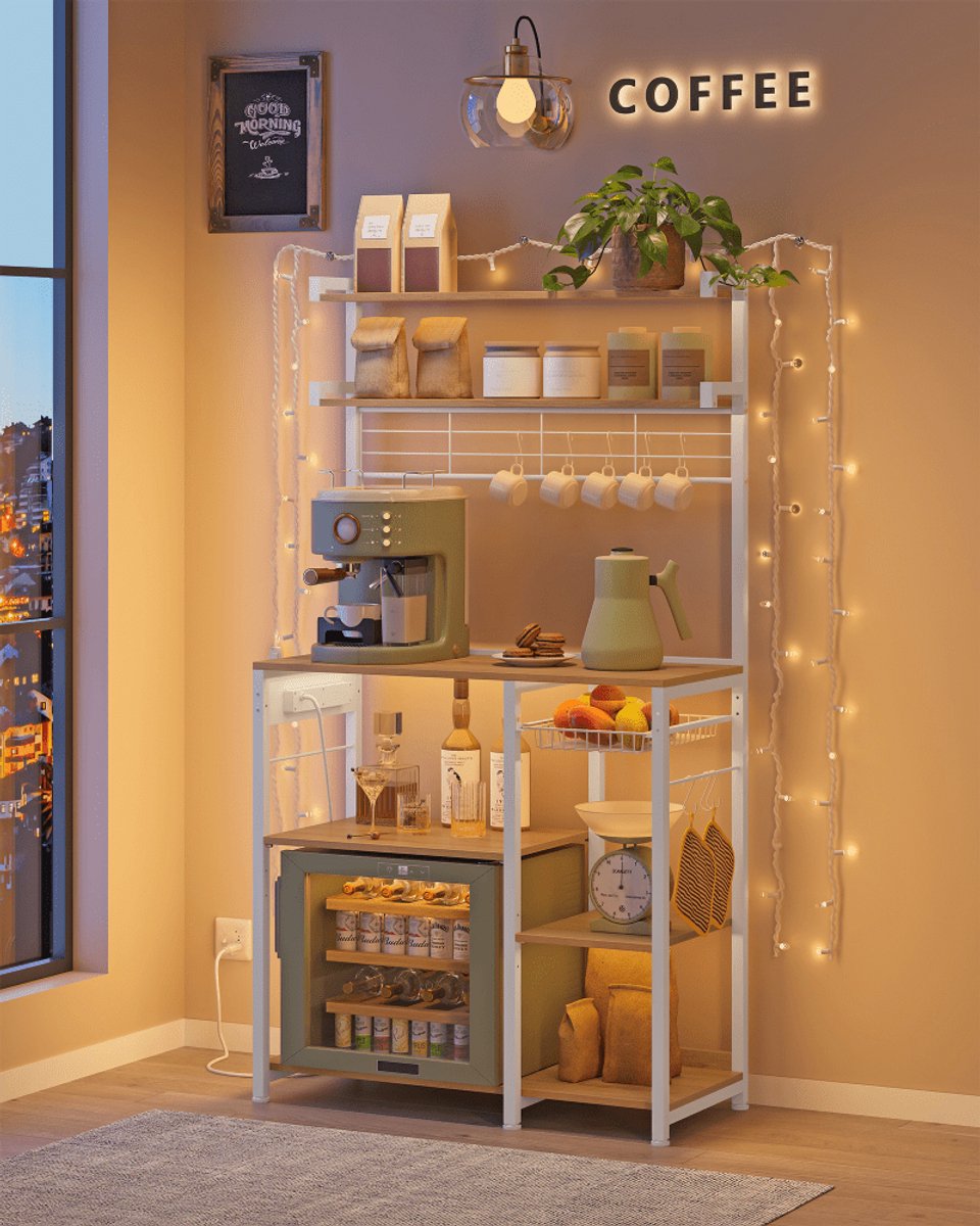Keukenrek met Stopcontact - 4 AC Stopcontacten - Magnetronstandaard & Koffiebar - Verstelbare Planken - Gouden Eik / Wolk Wit