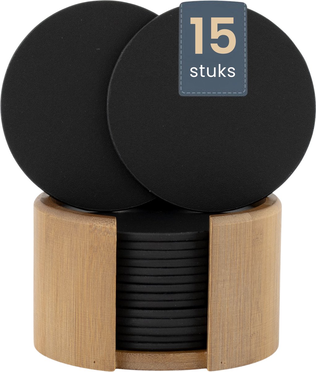 Kunstlederen Onderzetters met Houder – Design Onderzetters voor Glazen - Leren Onderzettersset – Set van 16 - Zwart