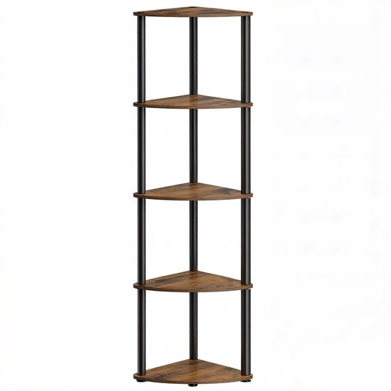 Vijflaagse Hoekopbergrek Hoekplank Eenheid Boekenkast Plantenrek Displayrek 38,3x27x139 cm Bruin+Zwart Snelle Gereedschapsloze Montage Multifunctionele Opslag Ruimtebesparend Stevig Frame Geschikt voor Woonkamer, Slaapkamer en Keuken