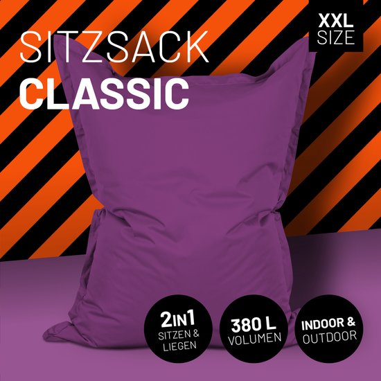 Grote paarse XXL zitzak met de tekst 'Sitzsack Classic' en 'XXL Size'.