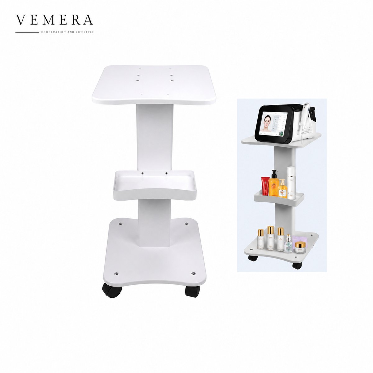Vemera trolley - schoonheidssalon trolley - 40 kg belasting - spa-apparatuurstandaard 3-laags salontafel Houten plank 360 ° - Stille wielen - wit