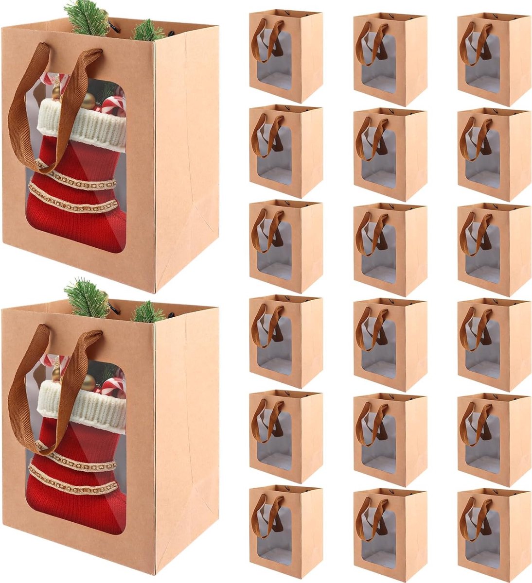 SnelShoppen - 20 Stuks Kraft Tas met Venster, Papieren Tasjes 25 x 18 x 13 cm, Middelgrote Cadeau Verpakking voor Winkel, Bakkerij, Feest, Traktatie e