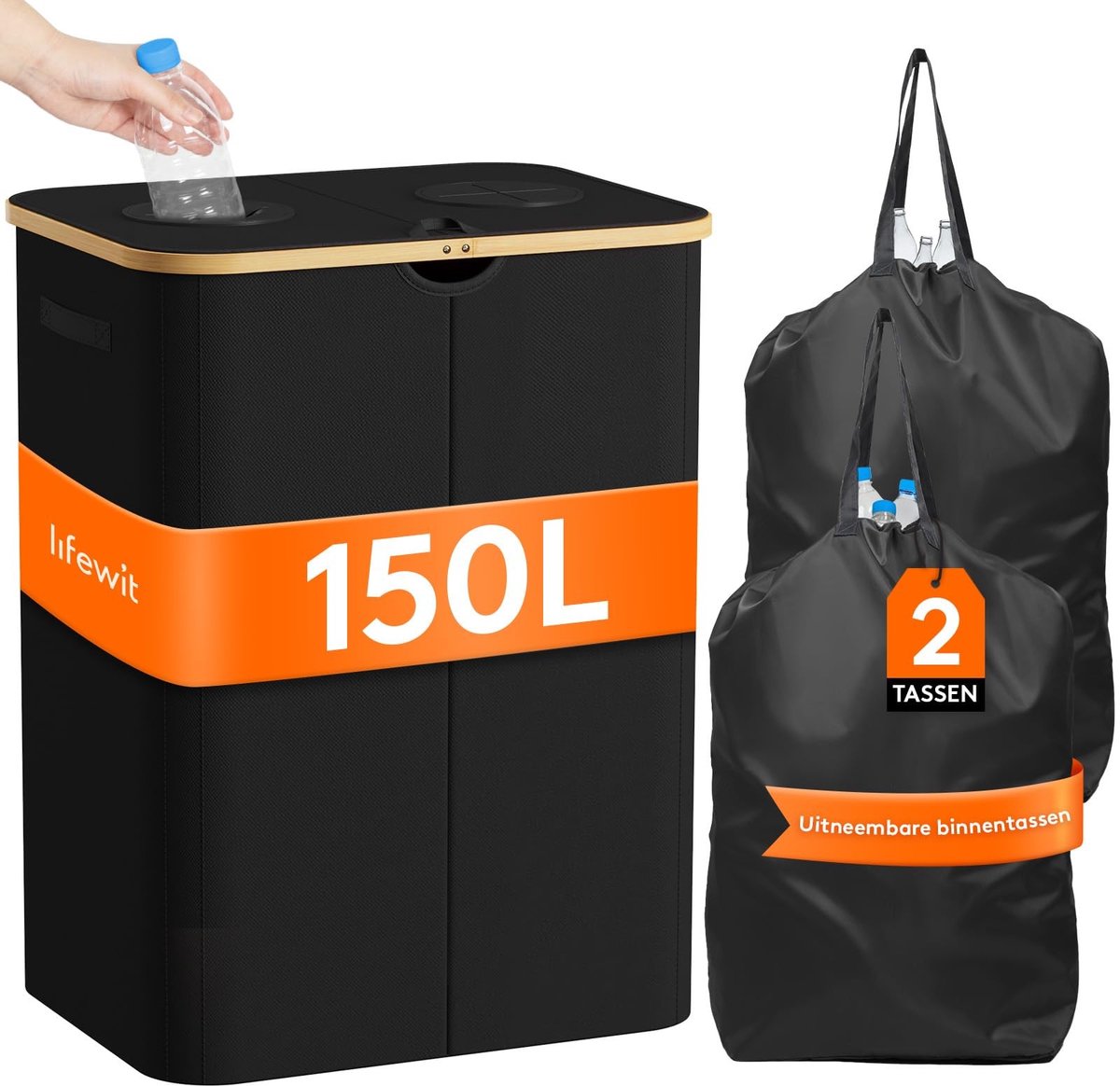 Jhubersproducts - Verzamelcontainer - Flessenopslag - Duurzaam deksel - Zwart - Organiser voor oud glas - Keuken en bergruimte