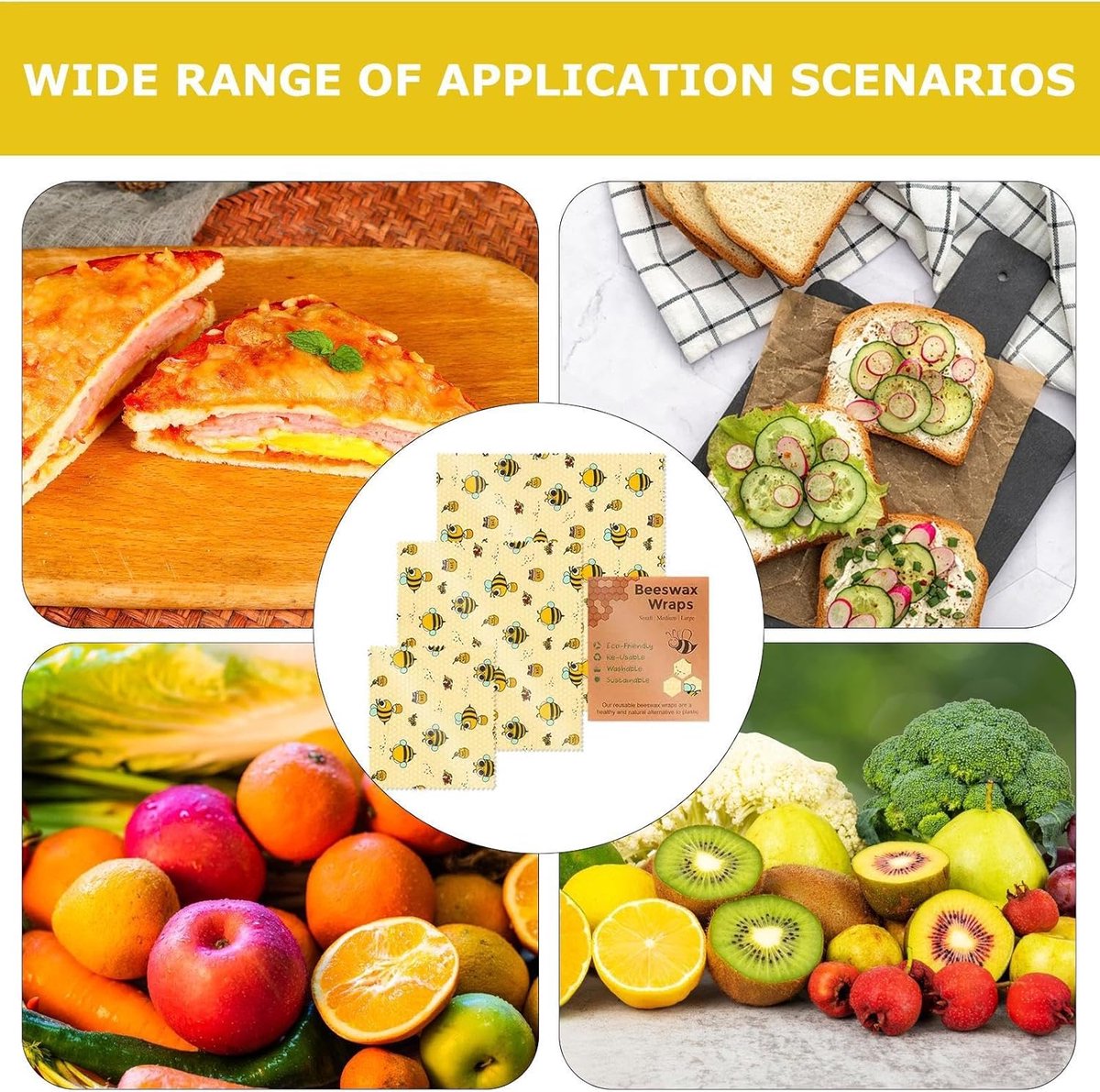 Bijenwasdoeken - Herbruikbare wraps - bijenwasfolie - Bijenwas doek - boterhamzakje - Duurzaam - vershoudfolie - Beeswax wraps - grootte bedekken brood, kaas en meer veilig verpakken - Set van 3 (S/M/L) — cadeau in Kookcadeaus - foto 8