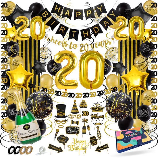 Fissaly 20 Jaar Verjaardag Decoratie Versiering - Ballonnen – Jubileum Man & Vrouw - Zwart en Goud