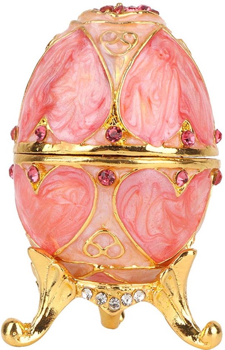 Fabergé geëmailleerde diamanten sieradendoos, klassieke vintage handbeschilderde eieren, verzamelobject, geëmailleerde paaseidecoratie met scharnieren voor ketting, armband, ring, woonaccessoires, cadeaus (roze)