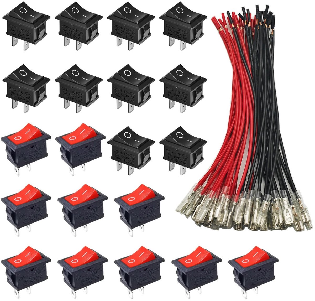 Dailygoods - Autotoetsschakelaars - Rocker Switch - 15 cm Kabel - Mini Schakelaar - Aan/Uit - Ideaal voor Elektronische Toepassingen - Zwart/Rood
