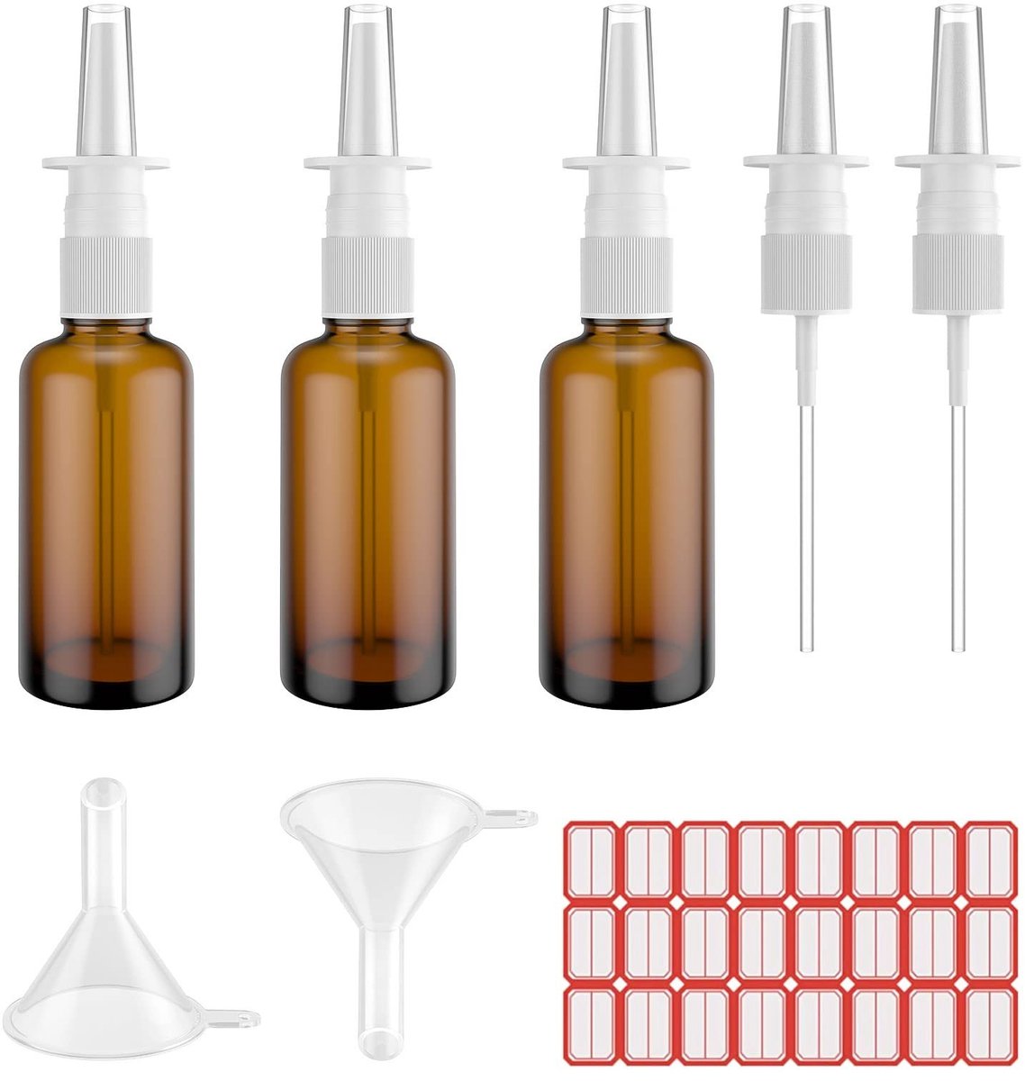 Dailygoods - Neusspray Flesjes - 3 stuks - 30ML Amber Glas - herbruikbaar met labels - handig voor onderweg - perfect voor neusspray - geschikt voor d