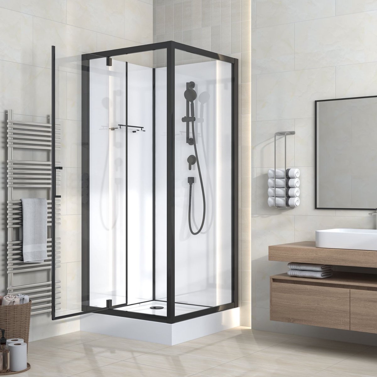 RIMO Complete Douchecabine met Draaideur – 80x80x215 cm – Mat Zwart – Helder Glas – Omkeerbaar
