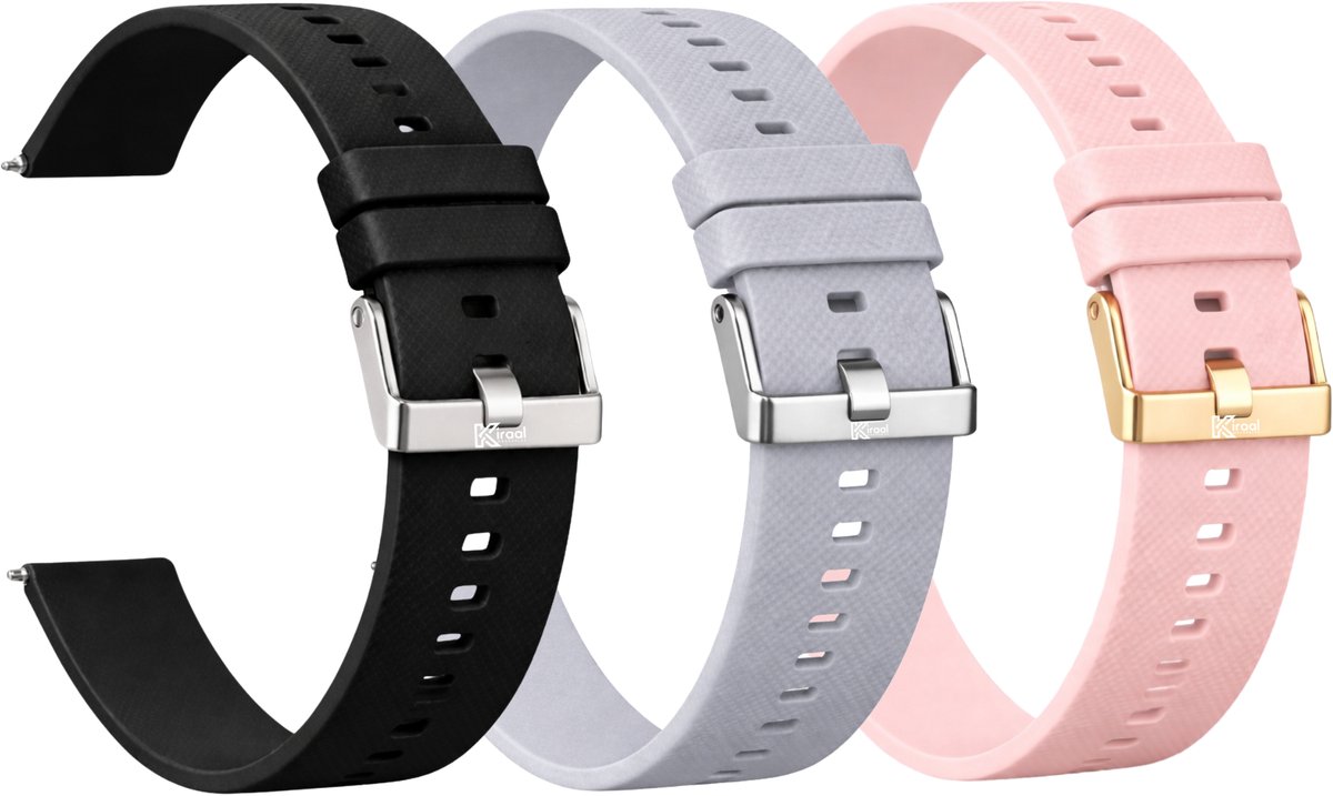 Kiraal - Premium Luxe siliconen horlogebandjes set van 3 - Siliconen - 20mm - gespsluiting - Smartwatch bandjes - Universeel