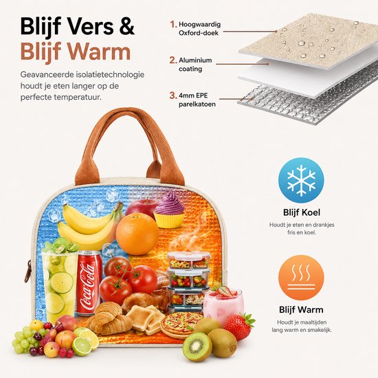 Beige koeltas met bruine handvatten, gevuld met fruit, drankjes en snacks. Isolatietechnologie.