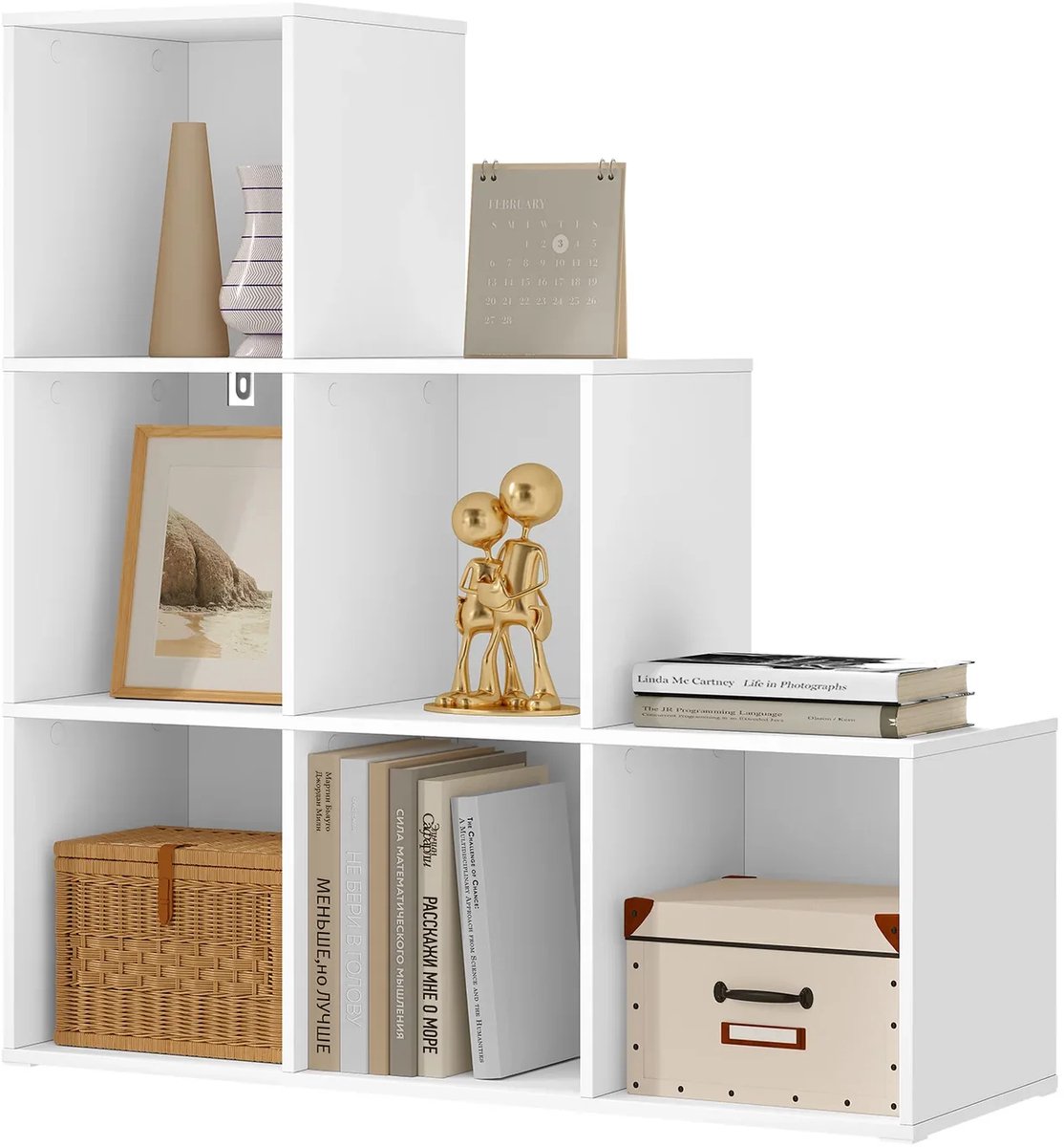 BukkitBow Moderne Trapvormige Boekenkast met 6 Open Vakkenkast - Wit