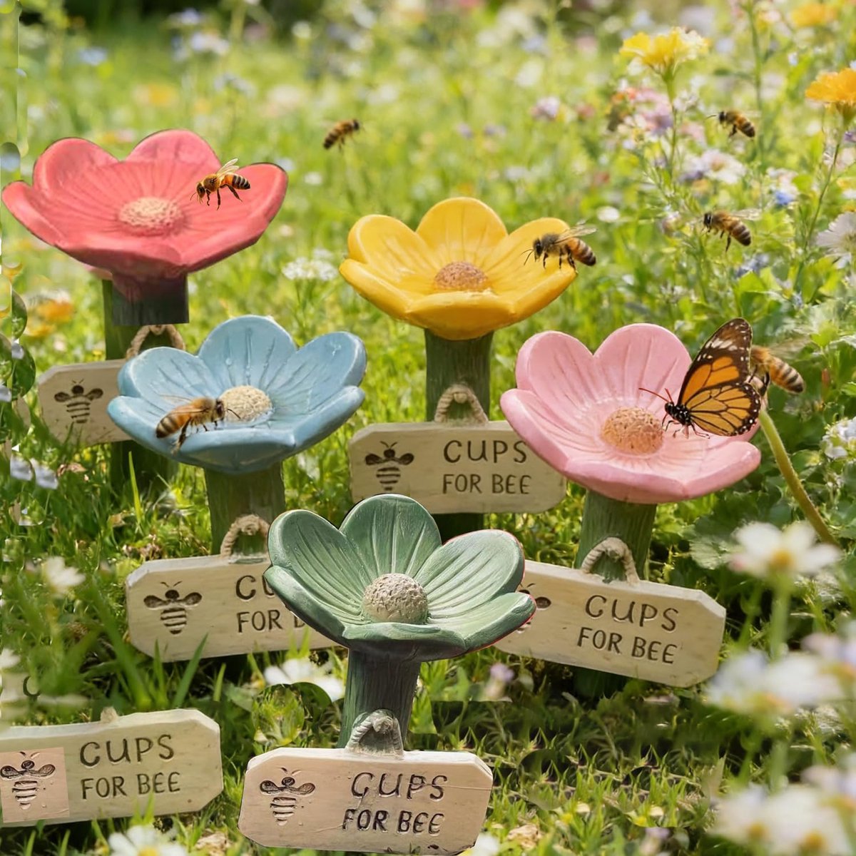 carmdering - bijenbekers voor bijen in de tuin - Vijf bloemvormige drinkbakjes voor bijen, kleurrijk drinkstation voor de tuin, perfect voor dorstige bijen en als terrasdecoratie - 5 Stuks