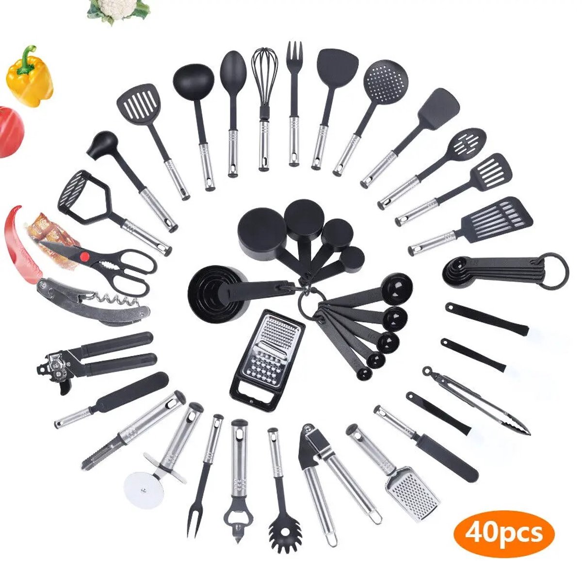 DIMICO - Keukengerei Set 40-Delig - Kookgerei - Inclusief Spatels, Gardes, Maatlepels en Keuken Accessoires – Zwart/Zilver