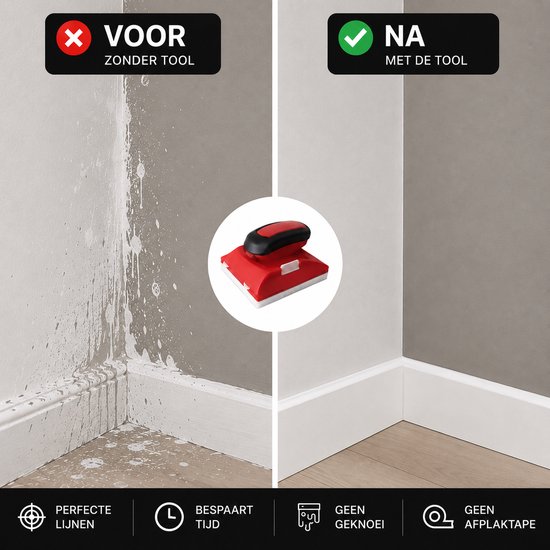 Vergelijking van muurverf: links zonder de tool met vlekken, rechts met de rode tool met strakke witte rand.