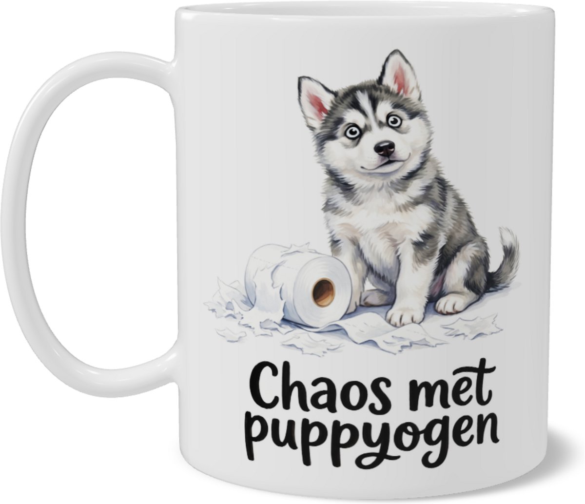 Mok met Husky Puppy - Chaos met puppyogen - Grappig Cadeau Hond - Wit - 325 ml