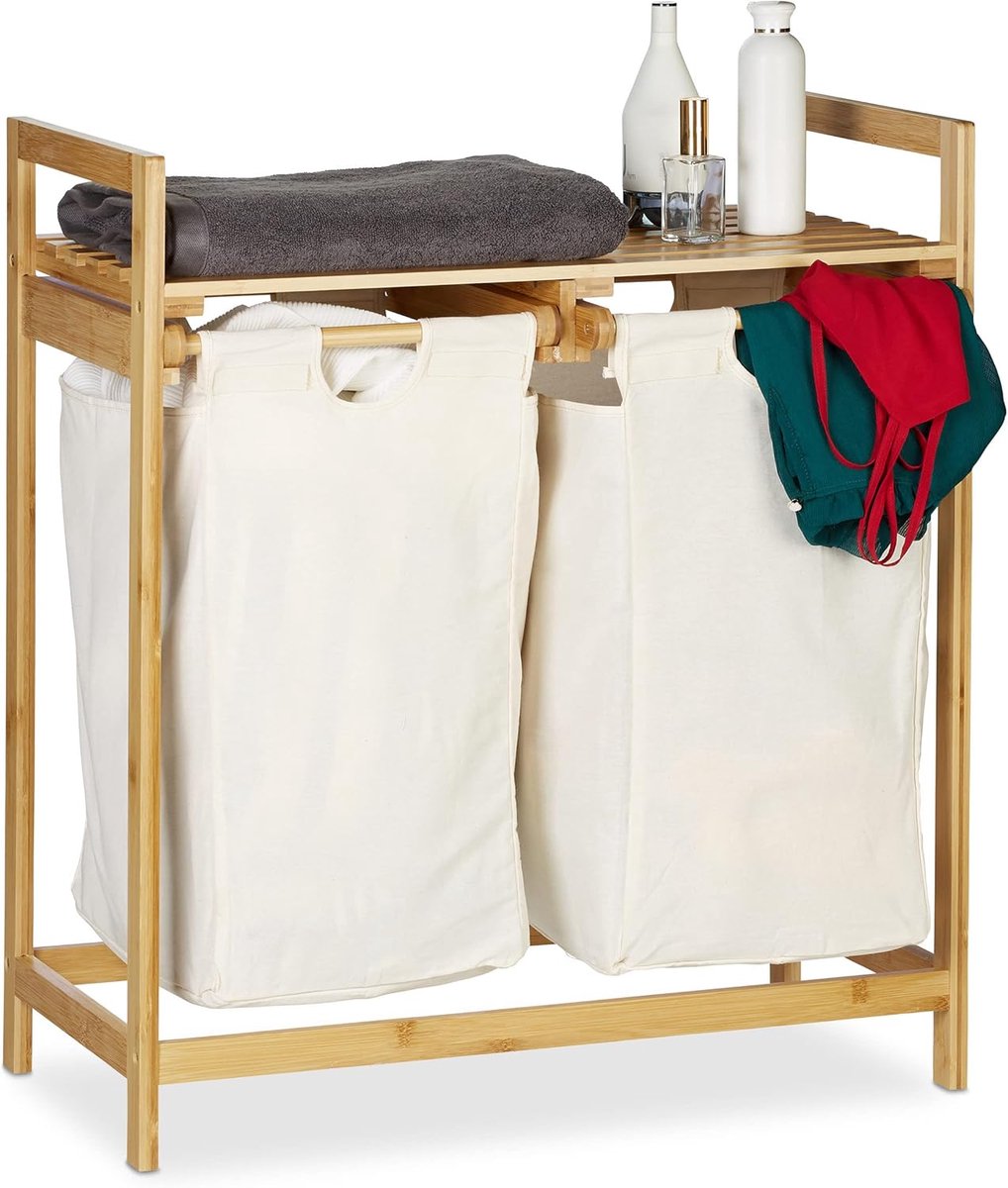 Wasmand bamboe met plank en 2 uitschuifbare waszakken, 60 liter, natuur