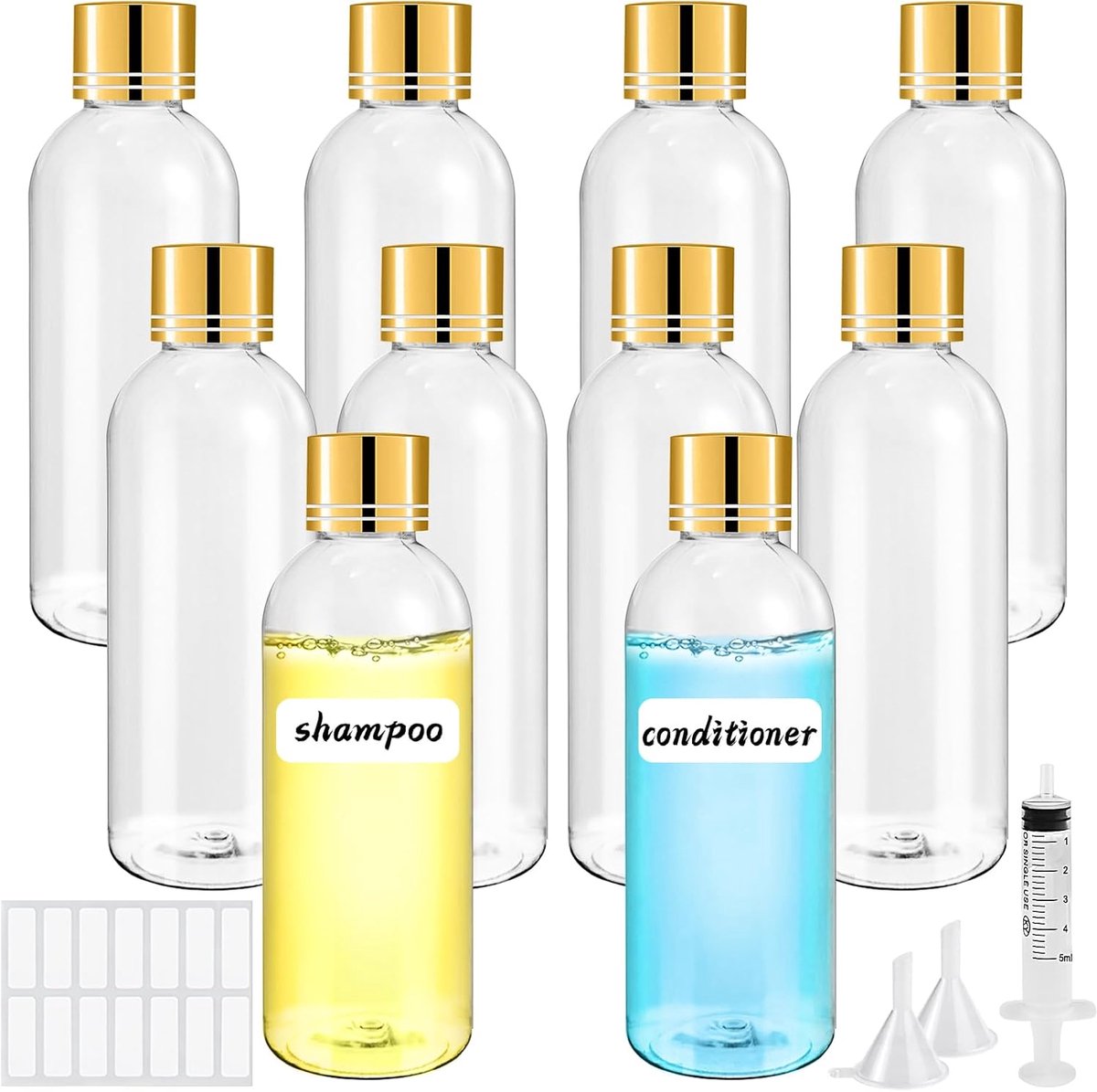 Twenty Two 10 stuks reisflessen 100ml met 2 trechters, 1 spuit, 1 etiketten stickers | reisset voor shampoo, lotion, parfum, make-up remover | navulbare lege cosmetische flessen | herbruikbare reisflessen set | cosmetica | transparante flessenset