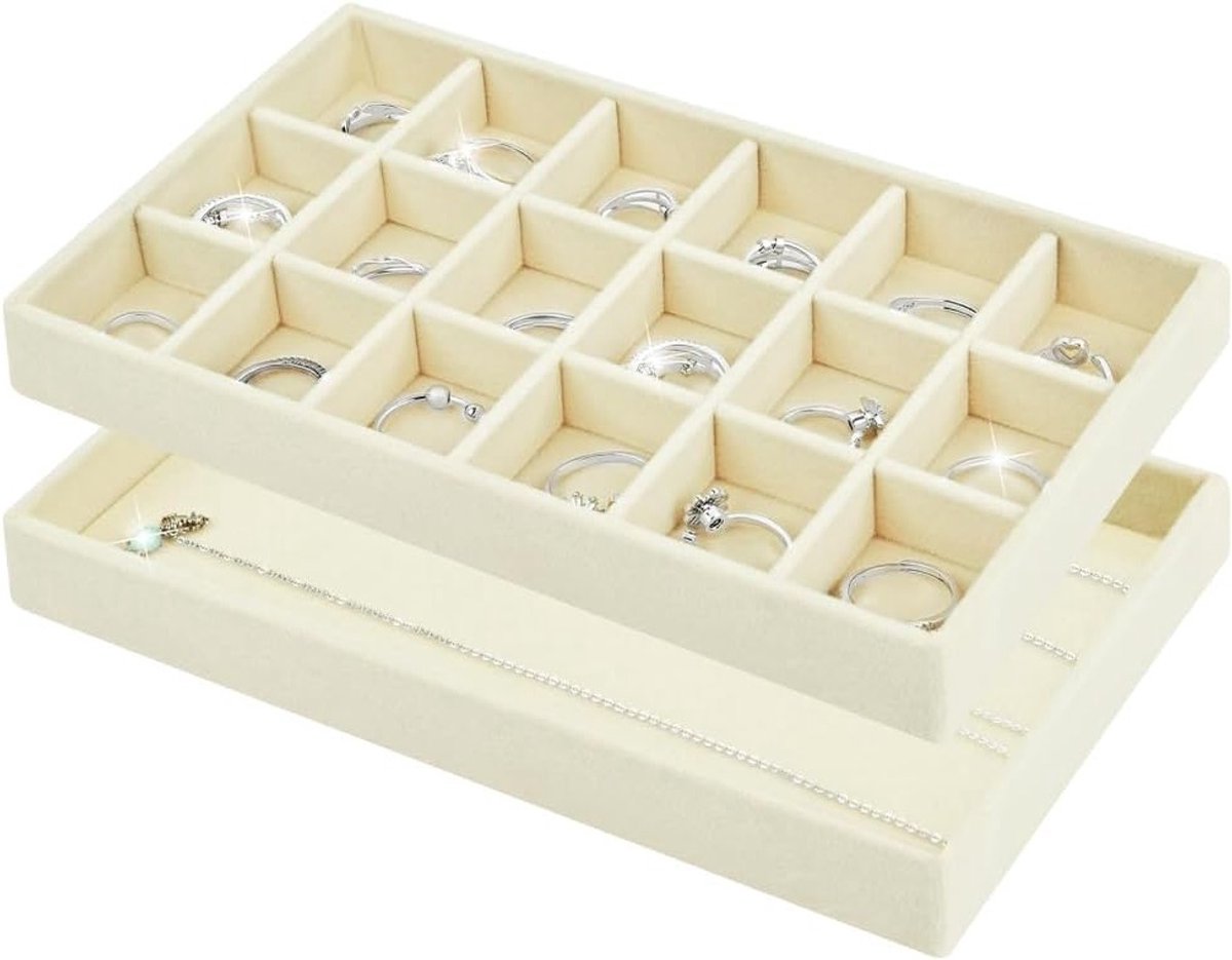 Stapeltableau voor Sieraden met 18 Compartimenten en Grote Lade voor Oorbellen, Kettingen en Ringen in Beige