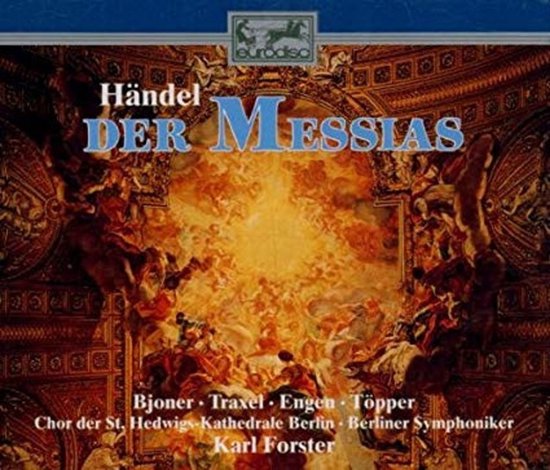 Händel Der Messias CD-hoes met gedetailleerd schilderij van een kerkelijk plafond met engelen.