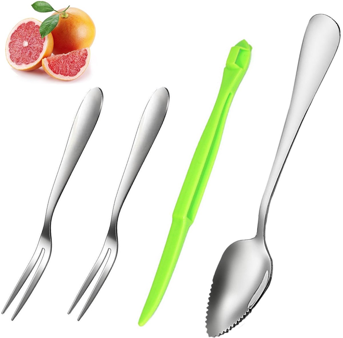 Dailygoods - Dailygoody - Grapefruitlepel - 4-delige set - Vaatwasserbestendig - Roestvrij staal - Fruitvorken - Ideaal voor citrusvruchten en kiwi