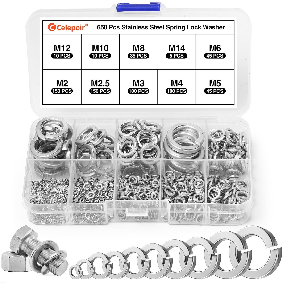 Dailygoods - Dailygoody - Roestvrij Staal Veerringen - Assortiment 650 Stuks - Sluitringen en Vergrendelringen - Geschikt voor Doe-Het-Zelvers - Diverse Maten