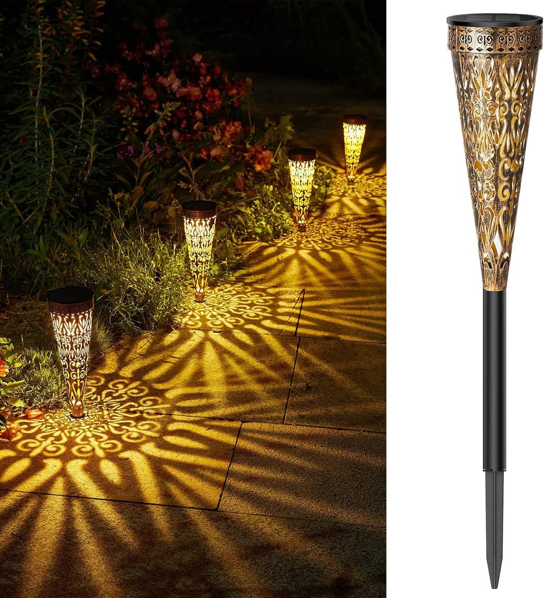 GEARLTIE solarlampen voor buitentuin 4 stuks, 800 mAh solar tuinverlichting voor buiten met warm/witte LED, IP65 weerbestendige balkondecoratie tuin van metaal, lantaarns solar buitenpad terras