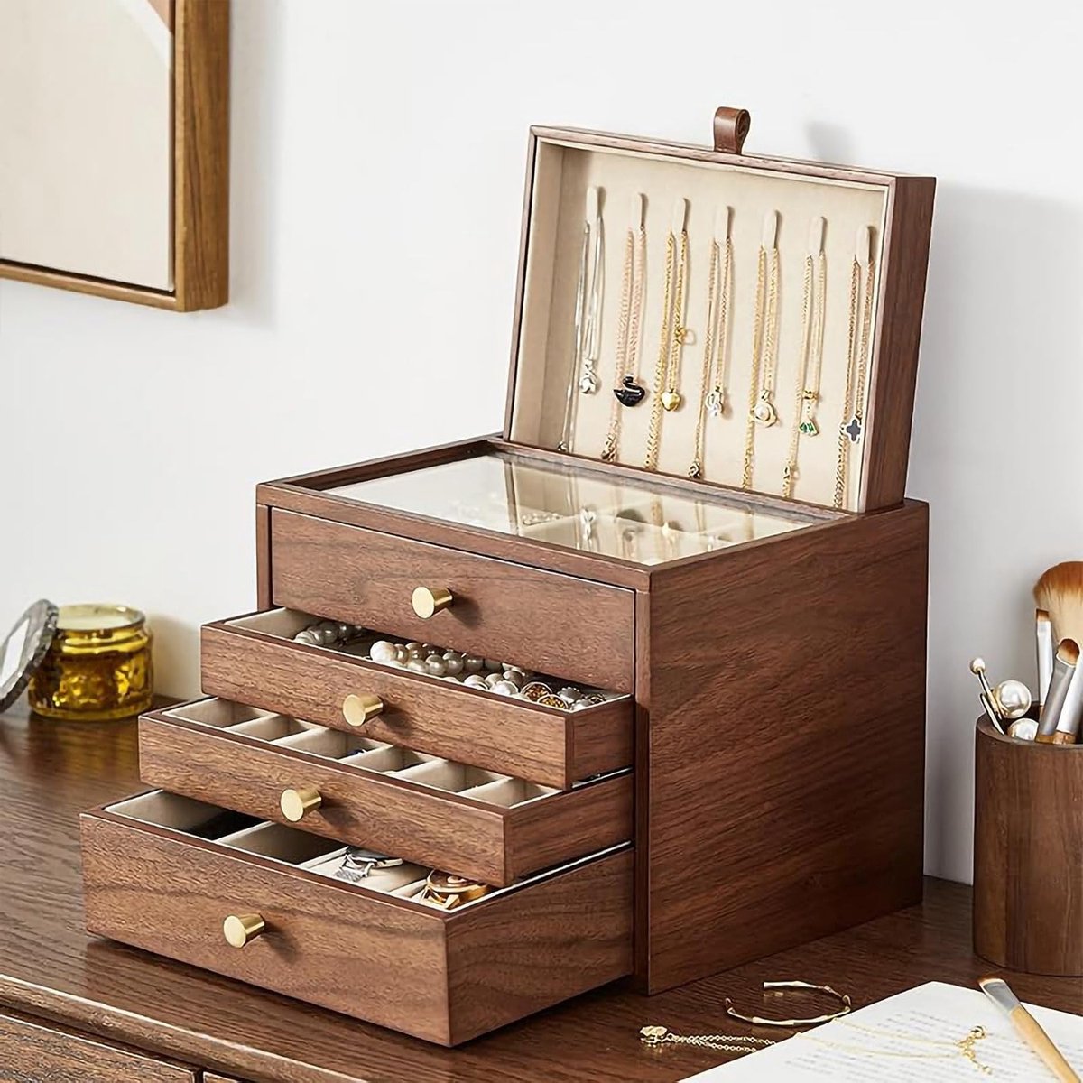 Sieradenbox van Walnoot Hout met Glazen Deksel, 4 Lagen en Uittrekbare Organizer voor Diverse Sieraden, Perfect Cadeau voor Haar