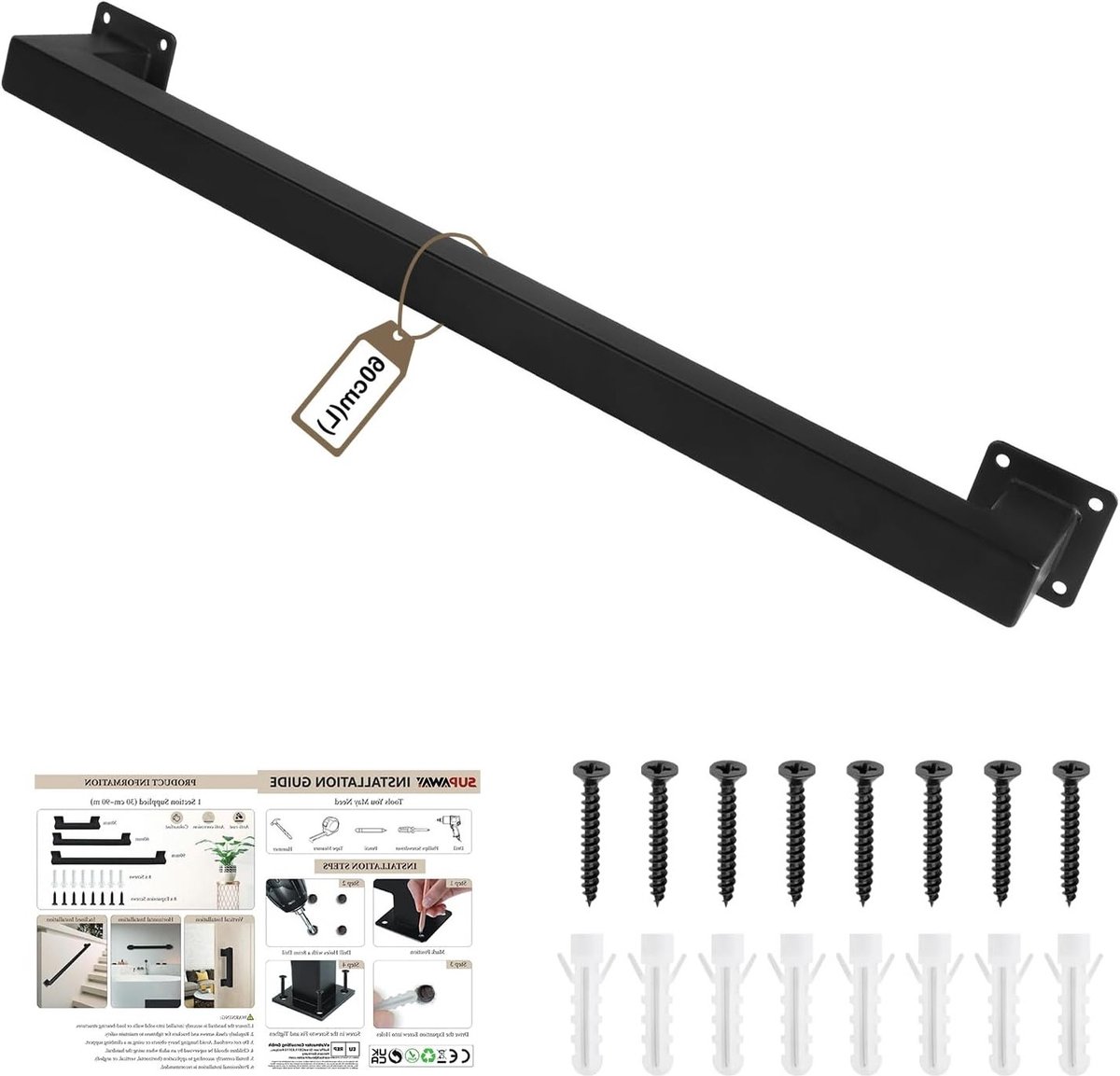 Vierkante Wandleuning voor Trappen, Veiligheidsreling, Balustrade, Zwart, 60 cm, Ideaal voor Balkon en Deurhandvat, Duurzaam en Stijlvol