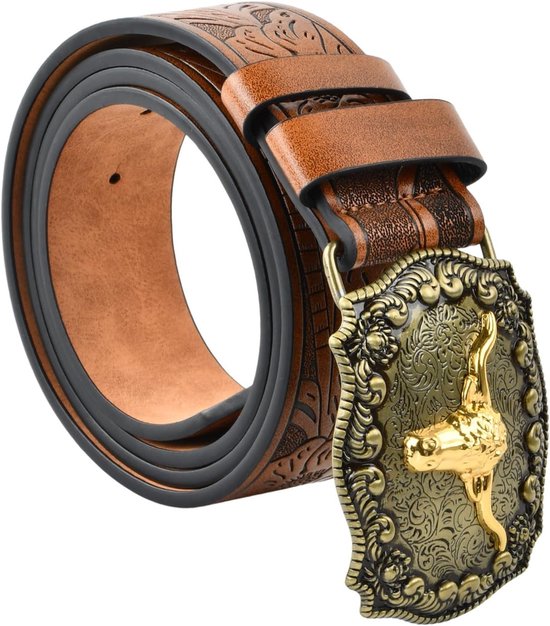 Ceinture en cuir marron avec gravures florales détaillées et boucle dorée tête de taureau.