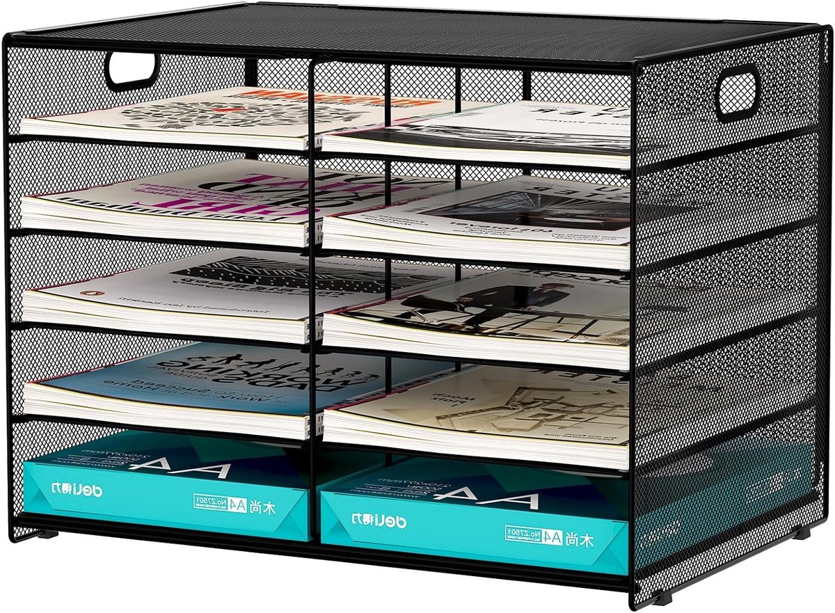 10 Compartimenten A4 Metalen Bureau Organizer voor Documenten, Tijdschriften en Papieren - Zwart Desk Organizer met Opbergruimte