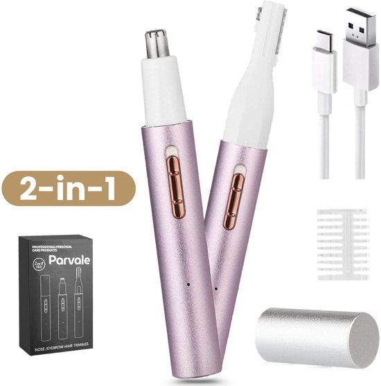 Paarse 2-in-1 neus- en wenkbrauwtrimmer met USB-kabel en opzetstukken. Doosje van de trimmer.