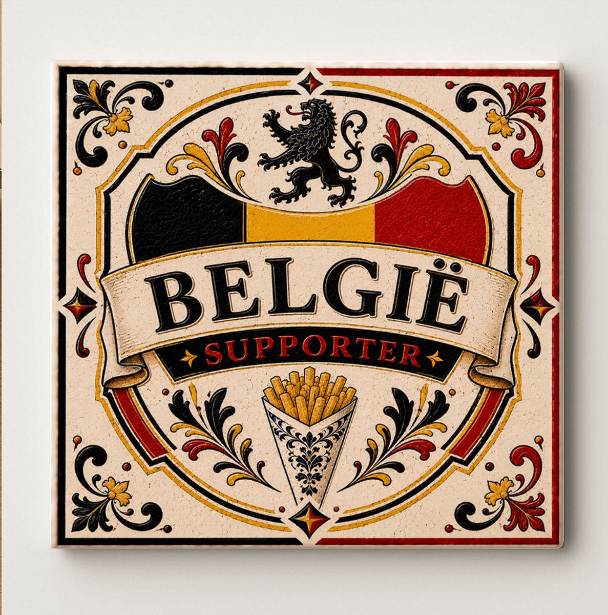 België Supporter Decoratieve Keramische Tegel – Belgische Voetbal Fan Wandtegel – Rood Zwart Geel Friet Souvenir Cadeau