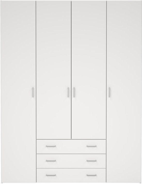 Kledingkast Slaapkamer Wit - 4-deurs met 3 lades - MDF - 154x50x200cm