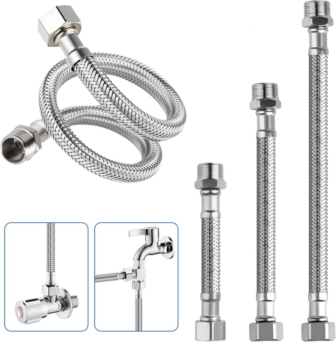 Set van 3 Flexibele RVS Slangen 3/8 Inch - Ideaal voor Waterkranen, Hoekventielen en Keukens