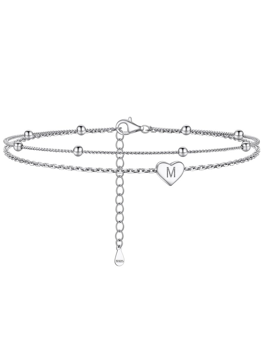 Dailygoody - OmGoods - Dailygoody - Enkelarmband - Dames enkelband met hart en initiaal - Verstelbaar 22 + 5 cm - Zilveren voetarmband - Modieus accessoire - Geschikt v