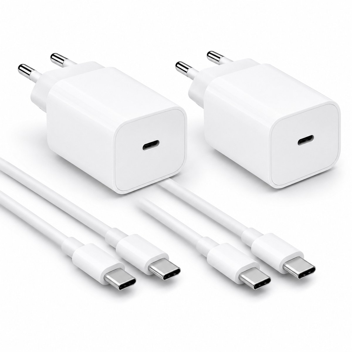 Vastiq Power® 2x USB-C Oplader 20W Snellader Set – 2x Power Delivery Adapter met 2x USB-C Kabel 2m (60W) – Complete Oplaadset – Wit