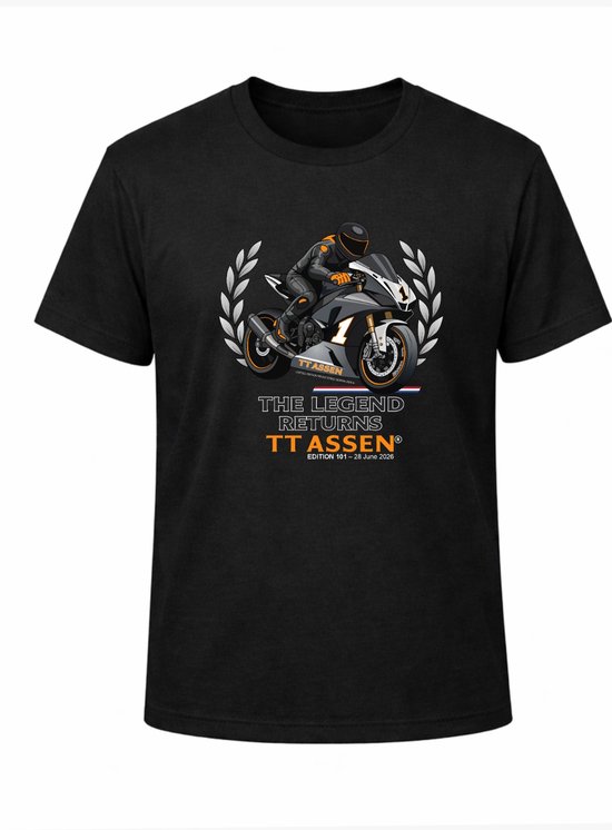 [ TT Assen 2026 T-shirt ] [ Dutch TT Assen T-shirt ] [ Legendary Originals ] [ Premium TT-shirt 2026 Assen ] [ Zwart T-shirt ][ Motorsportshirt 2026 ] [ Motogp Assen T-shirt ] [ Design The Legend Returns ] [Maat S]