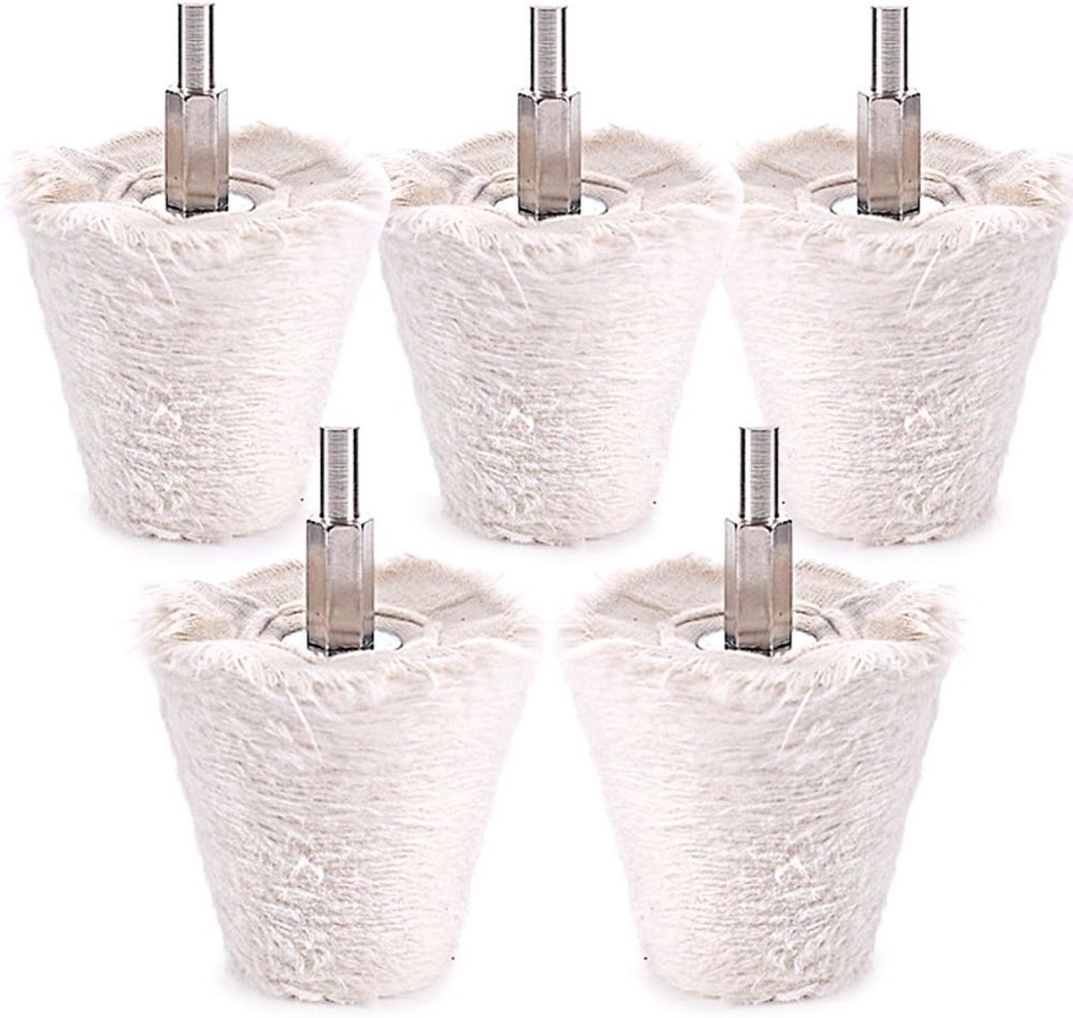 5-delige Conische Witte Flanellen Polijstschijven met 1/4 Inch Handvat voor Metaal, Hout en Kunststof Bewerking