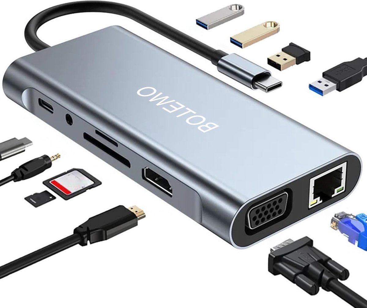 11-in-1 USB C Hub Docking Station met 4K HDMI, VGA, USB 3.0, Ethernet en SD/TF Kaartlezer voor MacBook Pro en Air