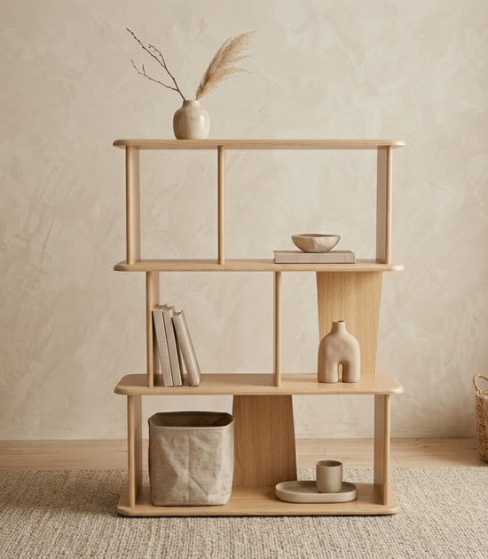 Houten Japandi Vakkenkast - Asymmetrische Boekenkast - Vrijstaand Scandinavisch Vloerrek - Open Stellingkast