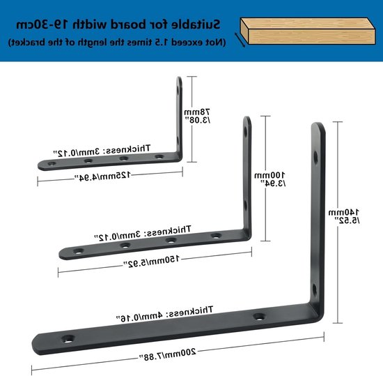 8 Stuks Hoeksteunen voor Wandbevestiging - Stevige RVS Zwarte Plankensteun voor Floating Shelves, Ideaal voor Huishoudelijk Gebruik — afbeelding 3