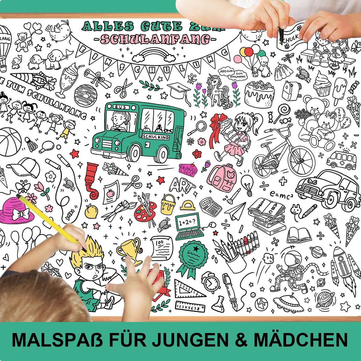 Dailygoods - Dailygoody - Inkleurtafelkleed - Eerste schooldag - Creatieve decoratie - 119 cm - Papieren tafelkleed - Geschikt voor kinderen - Wit