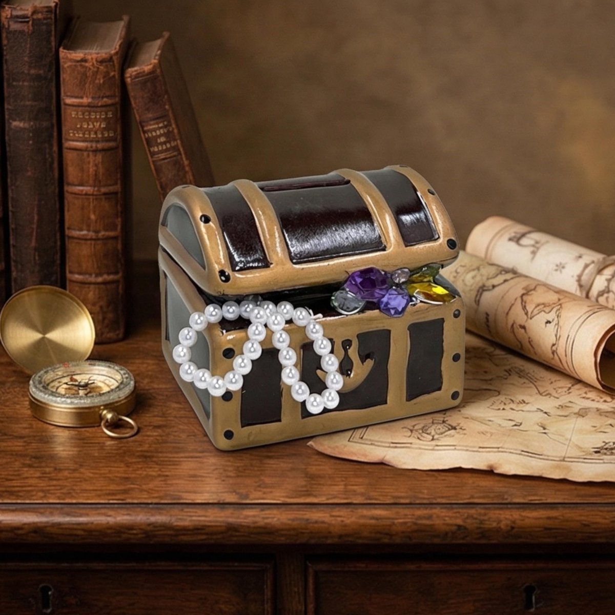 Dailygoods - Dailygoody - Handbeschilderde spaarpot - Geldgeschenk verpakking - Bruin/goud - Piratenschat - Klassiek design - Ideaal voor verjaardagen
