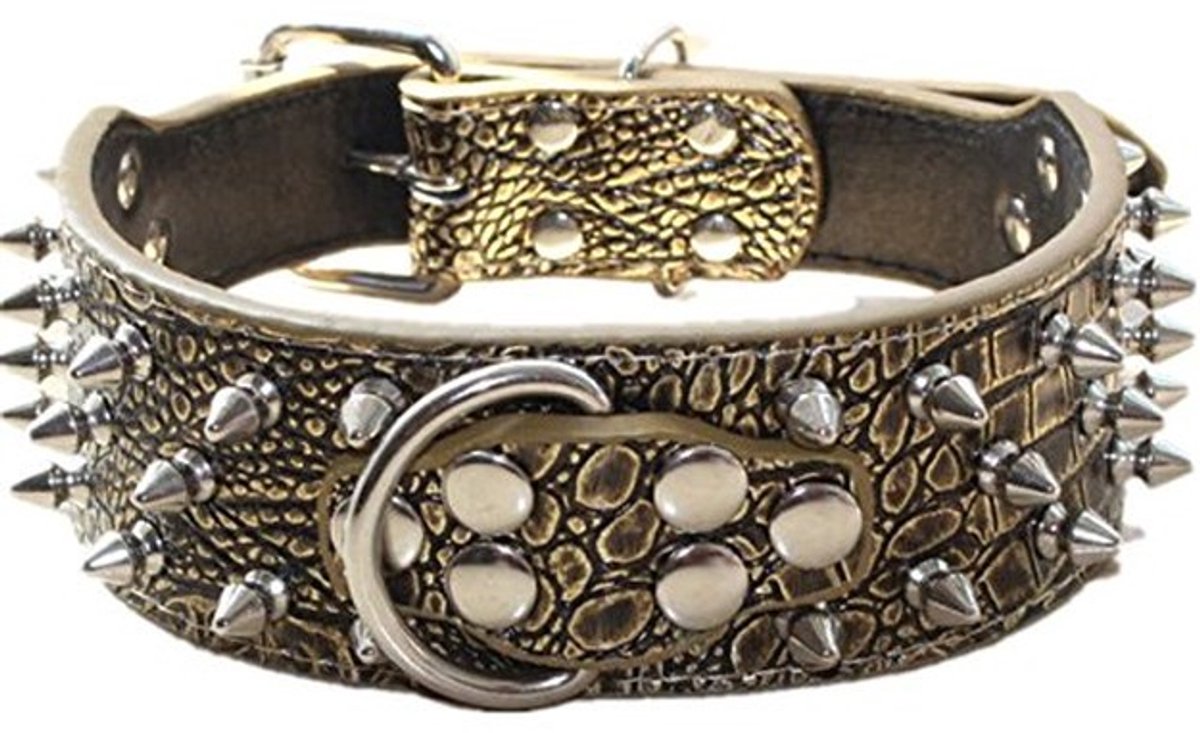 Dailygoods - Dailygoody - Spiked Lederen Hond Kraag - Stijlvolle Hondenkraag - 2 Inch Breed - Goud Bruin - Studded Spikes - Geschikt voor Middelgrote en Grote Hond