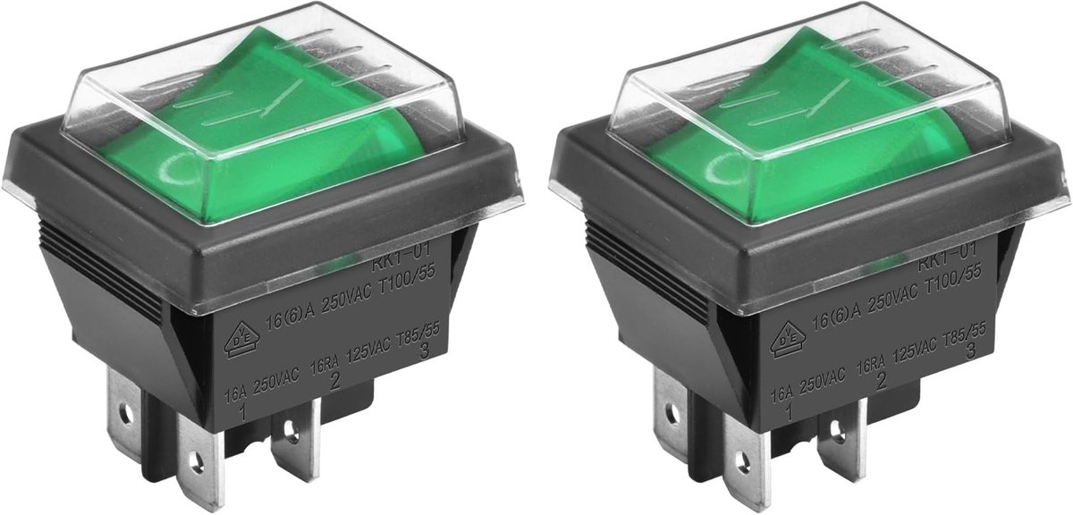 Dailygoods - Dailygoody - Tuimelschakelaar - AAN-UIT - Waterdicht - Groen Licht - 4 Terminals - 16A 250VAC - Geschikt voor Elektrische Toepassingen - 2Pack