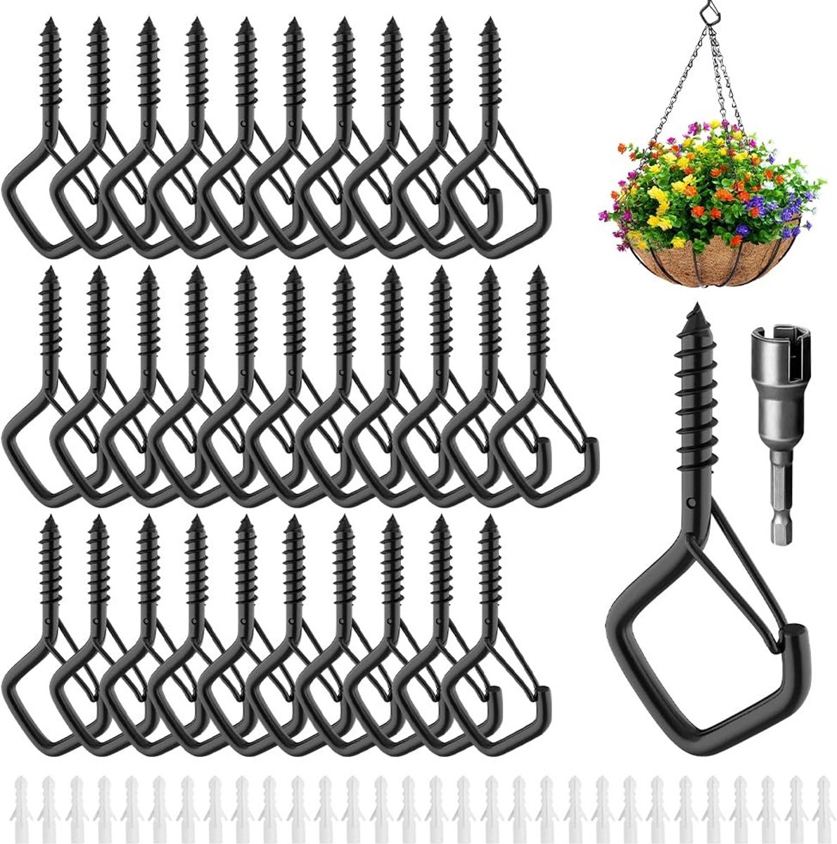 Dailygoods - Dailygoody - Schroefhaken Set - Voor Planten, Lampen en Decoratie - 40 Pond Draagvermogen - Zwart - Decoratief en Stevig - Ideaal voor Binnen en Buite...